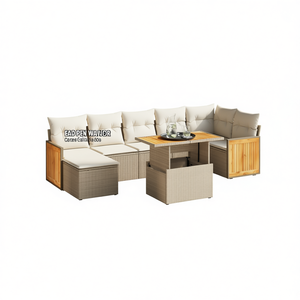Beige Pe <b>Rattan</b> Garden <b>Sofa</b> Set With Adjustable Armrests 6 Seater Outdoor Furniture Contemporary Design Teak Wood Frame - Product Image 1