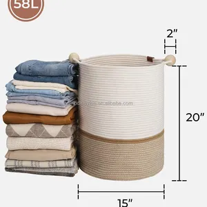Large Capacity Foldable Woven Cotton Rope Storage Basket Eco-Friendly Laundry Hamper Bin With Wood Beads Handle