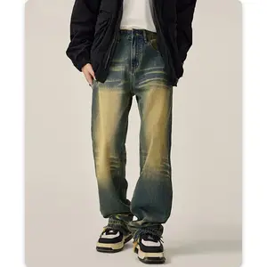 Xinen American High Street Gewassen Distressed Gele Modder Geverfde Rauwe Edge Jeans Heren Losse Trendy Merk Rechte Broek