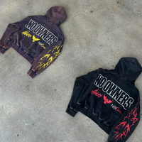 Kualitas tinggi Streetwear hitam tebal penuh Zip up asam katun murni dicuci Vintage tebal layar cetakan kebesaran cuci pria Hoodie
