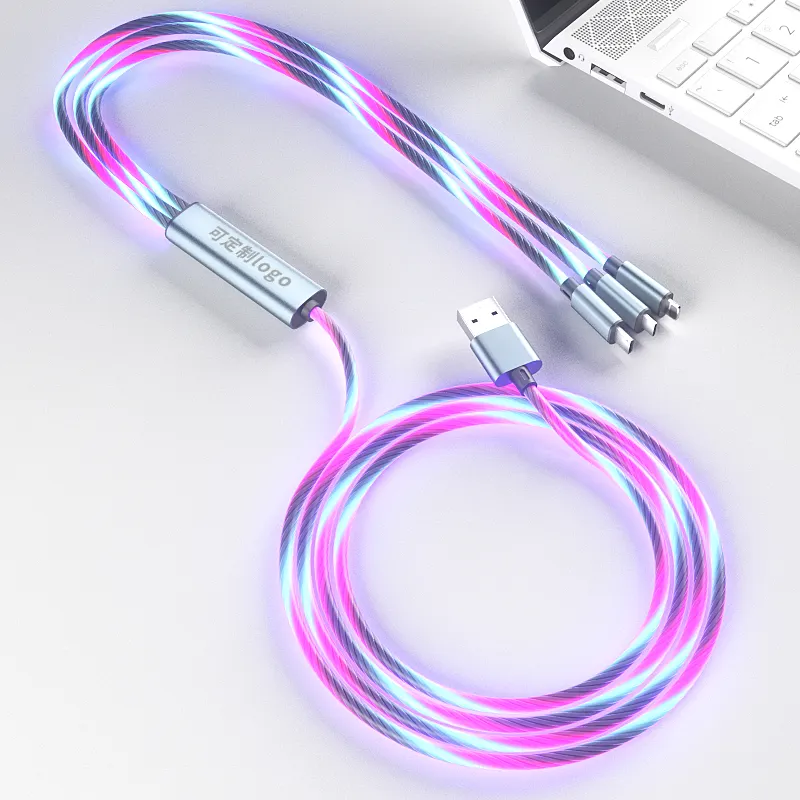 OEM Cell Phone Cable Usb Charger 3 In 1 Usb Charging Data Led Usb Cord Multi-function Cables Led Flowing Light Charging Cable