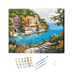 热销沙滩别墅海景油画室内家居装饰Diy在画布上按着色数量