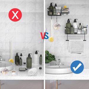 Moderno Organizador de Pared para Baño y Cocina, Adhesivo Sin Taladro, con Toallero y Ganchos, Doble Nivel, Metálico, Resistente al Óxido, para Artículos de Aseo - Product Image 3