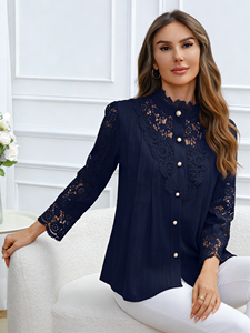 Elegant <b>Navy</b> <b>Lace</b> Mandarin Collar Blouse Full Sleeve Solid Women's Blouse Spring Chiffon Shirt - Product Image 4