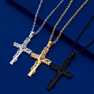 Collier pendentif croix en acier inoxydable en forme d'arbre unique pour femmes et hommes, bijoux religieux de prière et de foi, chaîne en métal, bijoux d'église - Product Image 2