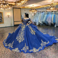 Robe de bal épaules dénudées pour Quinceañera avec paillettes et dentelle, grande taille, longueur ras du sol, bleu roi et or