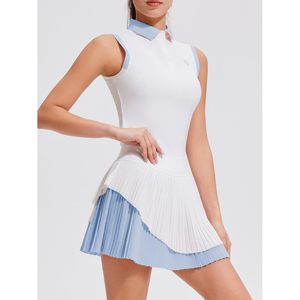 Ensemble jupe de tennis deux pièces pour femme, blanc et bleu, tenue de golf plissée, robe polo sans manches en polyester tissé respirant - Product Image 2