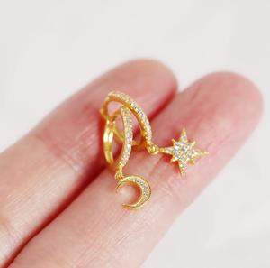 Wholesale Mini Huggie Hoop <strong>Earrings</strong> Starburst Crystal Gold Plated <strong>Dangling</strong> CZ Micro Pave <strong>Sterling</strong> <strong>Silver</strong> Moon Star Drop <strong>Earrings</strong> - Product Image 2