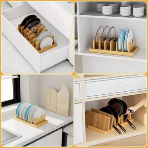 Étagère à vaisselle en bois avec support pour casseroles, couvercles, assiettes, organisateur de rangement de cuisine, couleur bois naturel, forme carrée, multifonction - Product Image 4