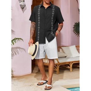 2025 camisa de lino para hombre verano algodón Guayabera cubano manga corta botón abajo Hippie Casual playa pantalones cortos - Product Image 1