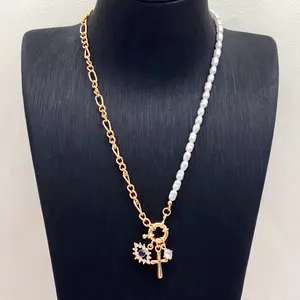 Wholesale Of New Products cross eye pendant link chain beads water drop pearl gold plated pendant iron Necklace for women