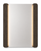 Miroir de salle de bain rectangulaire sur mesure en gros avec panneaux latéraux en bois foncé et lumière chaude pour projets hôteliers et commerciaux