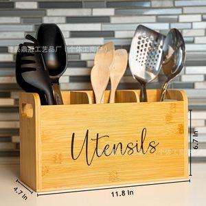 Organizador de utensilios de cocina de madera, caja de almacenamiento de escritorio con múltiples compartimentos para herramientas de cocina - Product Image 3