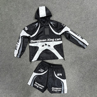 Survêtement vintage streetwear personnalisé en nylon pour homme, veste coupe-vent à capuche entièrement zippée avec impression sérigraphiée, short léger assorti (lot de deux)