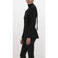 Blazer noir cintré pour femme avec détail écharpe |   Veste de costume structurée à col en V profond pour le bureau et les événements formels