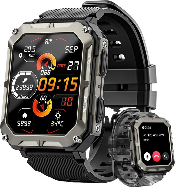 Smart Watches for Men, 100M Waterproof Rugged Smart Watch for Sports with Heart Rate
