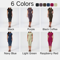 Set Yoga Kontrol Perut Wanita, Atasan Crop Top V-Neck Lengan Pendek, Celana Capri Pinggang Tinggi Pembentuk Tubuh, Celana Kaki Lebar, Bahan Stretch 4 Arah
