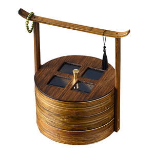 Bamboo Multi Layer Food <b>Box</b> Round Distressed <b>Vintage</b> Color Portable Carrying Case For Hotels Guesthouses Teahouses Outdoor Use - Product Image 5