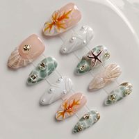 Uñas Acrílicas Francesas de Almendra con Puntas Largas y Diseño de Mariposa, Pre-Diseñadas con Pegamento, Listas para Usar