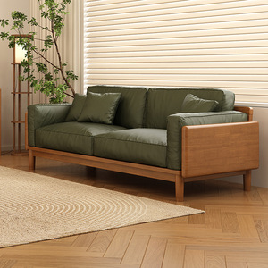 Solid Wood <b>Sofa</b> Genuine Leather Straight <b>Sofa</b> Living Room Furniture Japanese Style <b>Small</b> Apartment Nordic Retro Original Wood - Product Image 1