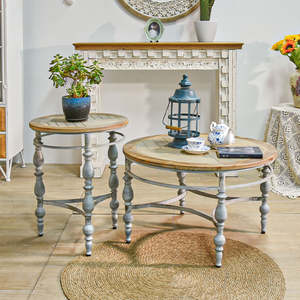 INNOVA Rustic <b>Small</b> <b>Wood</b> Carved Round Coffee <b>Table</b> with Metal Frame Easy Assembly Antique Shabby Chic Design Detachable Legs - Product Image 3