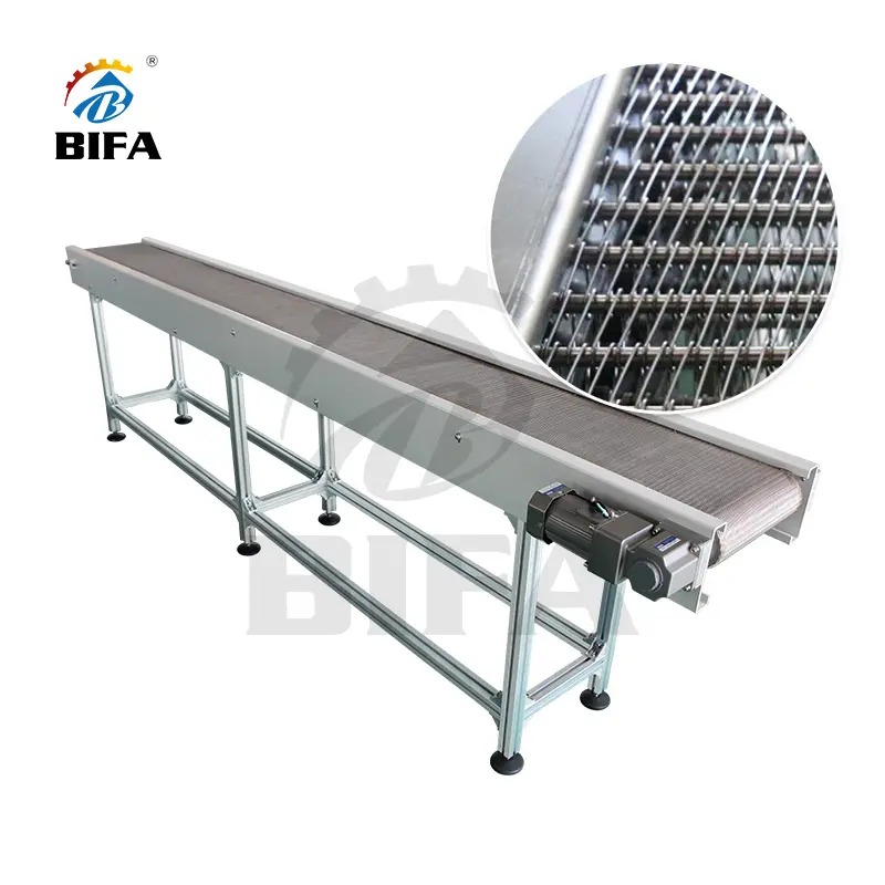 Transportador de cinta modular de malla de alambre plano de acero inoxidable Bifa para procesamiento de carne, aves y mariscos