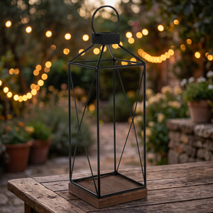 Modern <b>Black</b> Metal <b>Lantern</b> with Wooden Base Stylish Hanging <b>Lantern</b> for Outdoor and Indoor Decor - Product Image 1