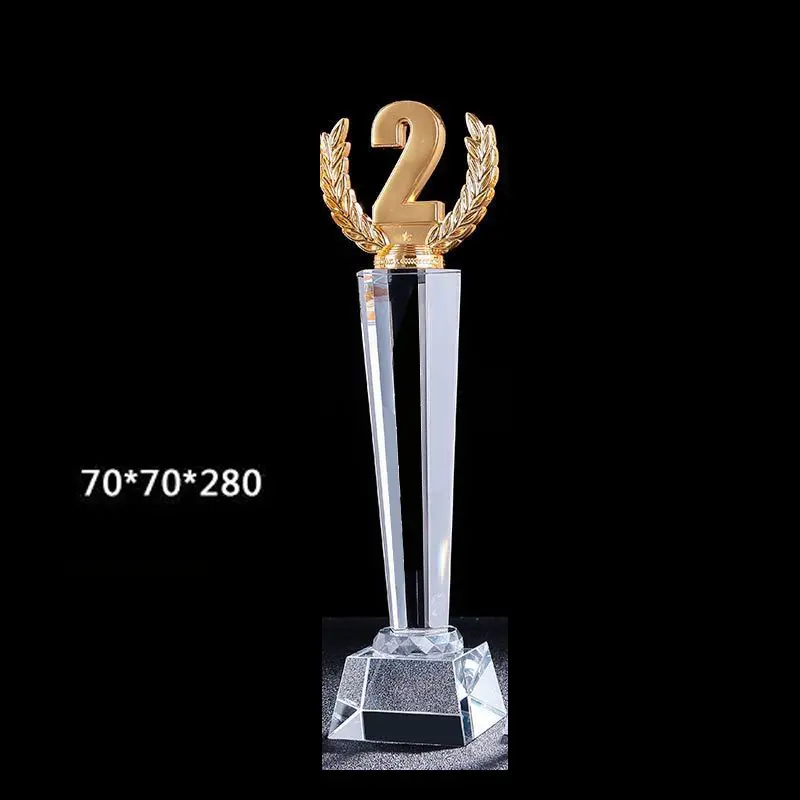 新しい彫刻ロゴクリスタルトロフィー123賞品チャンピオンスポーツクリスタルメタルアワードトロフィーベース付き