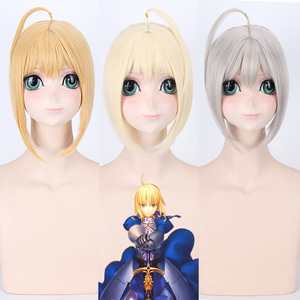 Peluca de cosplay de <span class=keywords><strong>Fate</strong></span> <span class=keywords><strong>Stay</strong></span> <span class=keywords><strong>Night</strong></span> Saber, versión recogida con mechas doradas, versión oscurecida - Product Image 1
