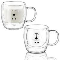 Tasses à café pour enfants mignonnes à double paroi isolées de 250 ml avec poignée, design ours en verre, pour la rentrée scolaire, compatibles lave-vaisselle et micro-ondes