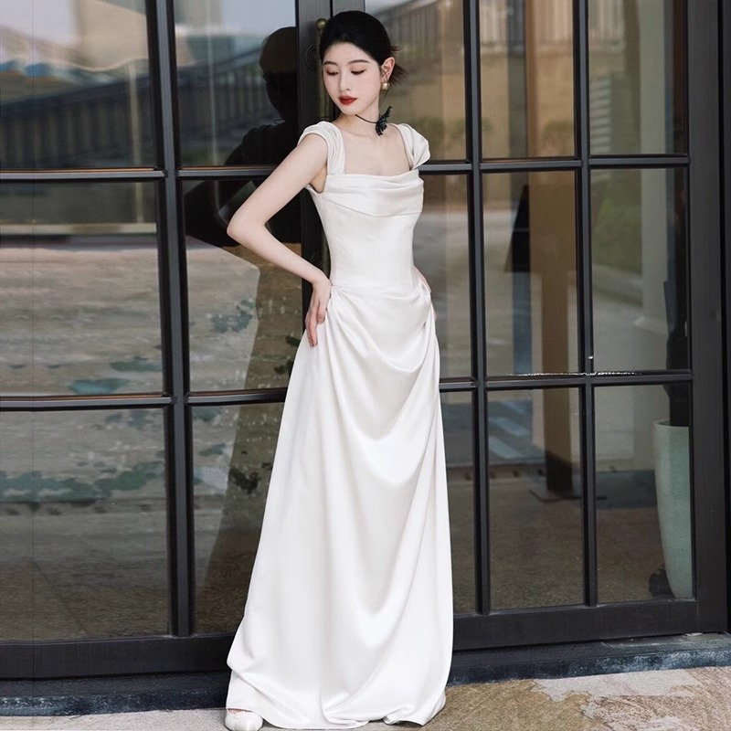 green emerald velvet dress Berylove Women White Engagement Dress Simple Halter A Line Sleeveless Maxi Dress, White / US2 main image 0