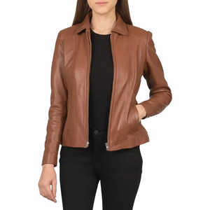 Chaqueta Clásica de Cuero de Oveja Color Bronceado Hecha a Mano para Mujer, Forro de Algodón, Cuero de Oveja Genuino, Estilo Motero - Product Image 1