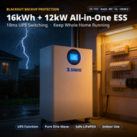 Système de Stockage d'Énergie Mobile Tout-en-un 16 kWh, Batterie LiFePO4 12 kW 51,2 V 314 Ah, 8000 Cycles, Onduleur à Onde Sinusoïdale Pure pour Alimentation de Secours Domestique