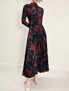 厂家直销数码印花女式优雅玉米粒褶连衣裙立领宫崎褶皱弹力长袖连衣裙 - Product Image 4