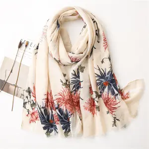 High Quality big flower pattern tassel scarf women beige pattern scarf cotton linen scarf