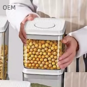 Carré en plastique moderne personnalisé boîte de rangement transparente étanche à l'humidité presse-Type Fresh-Keeper pour le grain de cuisine vente en gros - Product Image 1