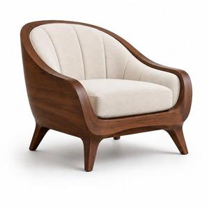 Fauteuil courbé de style mid-century, rembourré en tissu marron, avec structure en bois sculpté, pour salon. - Product Image 4