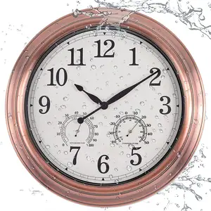 นาฬิกาแขวนผนังโบราณกลางแจ้ง16นิ้วนาฬิกากันน้ำโลหะมีอุณหภูมิและความชื้นรอบนาฬิกาย้อนยุคขนาดใหญ่เงียบ