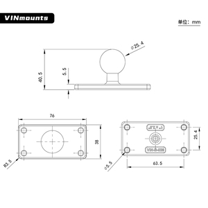 VINmounts 1 inch ball head bracket 25.5*63.5mm hole spacing, spherical square base aluminium device mount VIN-B-028 - Product Image 2
