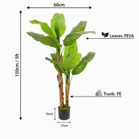 Plante de bananier artificielle de 1,5 m avec feuilles en PEVA, troncs doubles en PE, plante artificielle en pot pour décoration intérieure