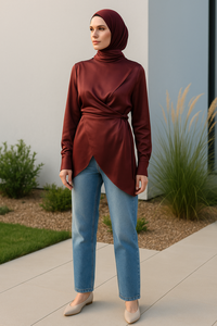 YXO013 ODM Túnica Asimétrica de Satén para Mujeres Musulmanas Modestas, Pantalones Anchos de Mezclilla, Ropa Islámica a Juego, Modal de Bambú - Product Image 2