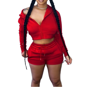 2026 Summer Women's 2-Piece Set Zip-Up Hooded Jacket & Embroidered Knitting Crop Top with <b>Sweat</b> Shorts Sets Women - Product Image 1