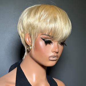 Peluca de Cabello Humano Remy con Corte Pixie <span class=keywords><strong>Corto</strong></span> y Recto, con Flequillo, Color Rubio 613, Hecha a Máquina - Product Image 1