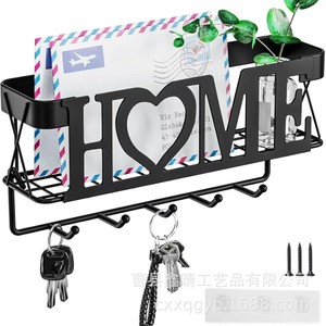 Home Wall Mounted Mail Key Organizer <b>Black</b> Metal Rack With <b>Hooks</b> For Entryway Storage 28cm Rectangle Shape - Product Image 1
