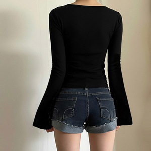 T-<span class=keywords><strong>shirt</strong></span> sexy et doux pour femme, style tricoté, <span class=keywords><strong>dentelle</strong></span>, découpe basse, <span class=keywords><strong>manches</strong></span> <span class=keywords><strong>longues</strong></span>, coupe ajustée, rétro, niche, anti-âge - Product Image 2