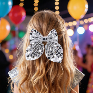 Silver <b>Mirror</b> Sequin Bow Hair <b>Clips</b> 3D Shiny Hair Barrettes For Girls Kids Party Dance Festival Side Hair Accessories - Product Image 3