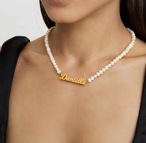 Joyería de moda letra inglesa Antigua placa de identificación cadena gargantilla 18 K oro Acero inoxidable personalizado nombre collar de perlas - Product Image 6