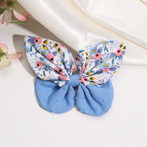 CN 2 uds 5 pulgadas tela grande azul moda lazo para el pelo estampado hecho a mano flor niña mariposa pinza de pelo para niños niñas - Product Image 2
