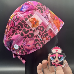 Bonnets chirurgicaux <span class=keywords><strong>Bratz</strong></span> à nouer avec porte-badge rétractable à motif de dessin animé pour infirmières, cadeaux et accessoires - Product Image 4