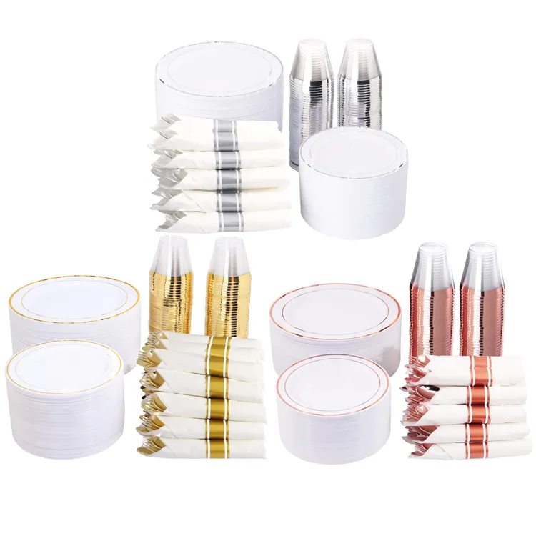 Plastic Disposable Dinnerware Set Rose Gold Silver Party Tableware Supplies Plates Cups Forks Knives Spoons Rolled Napkins